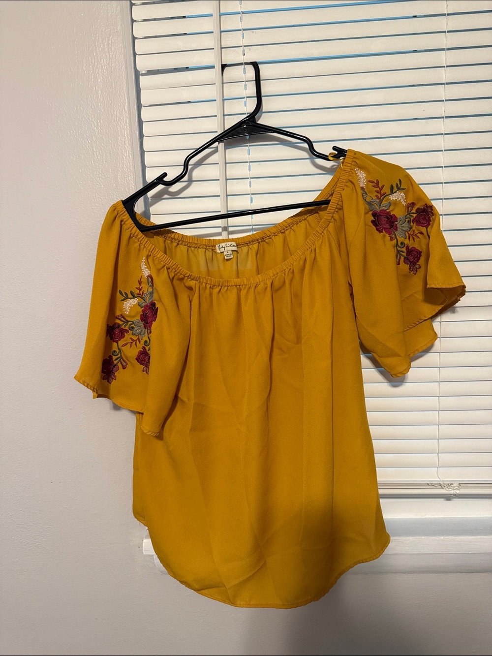 Lily White Mustard Off-Shoulder Blouse with Floral Embroidery